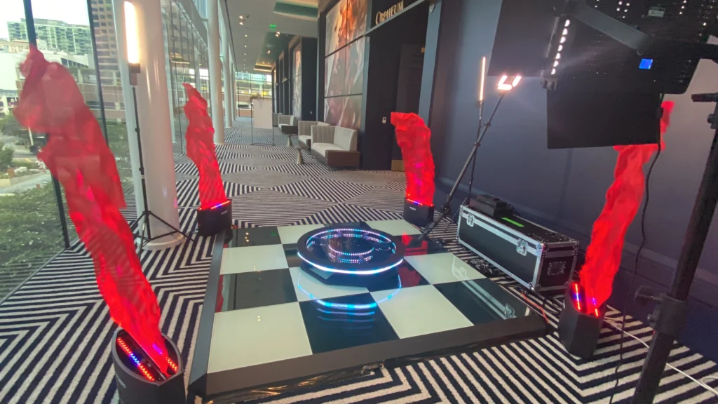 Sleek event photo booth setup in a corporate event space with modern decor.