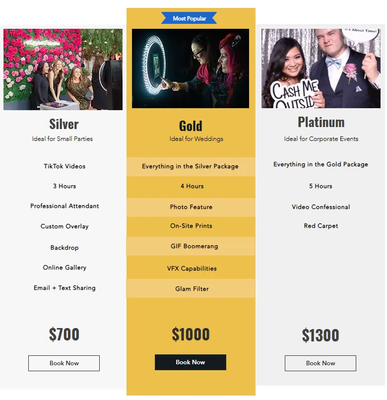 Event Pricing with benefits and features by GC Event Studio