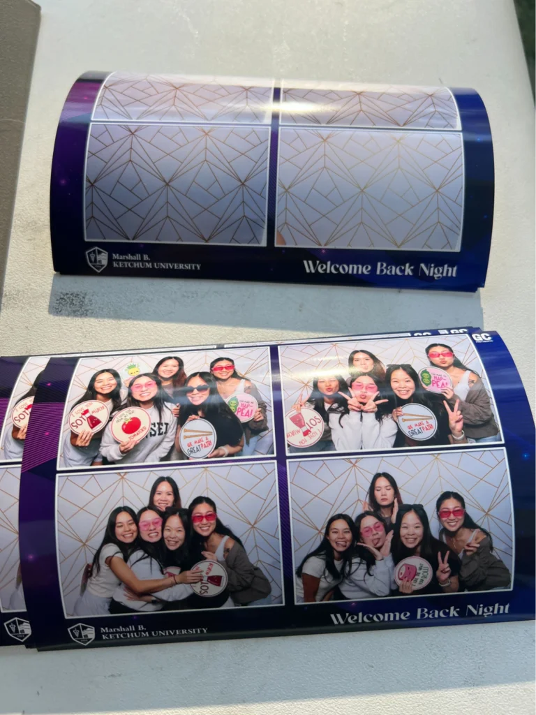 Photo booth strip featuring students posing with themed props at Marshall B. Ketchum University event.