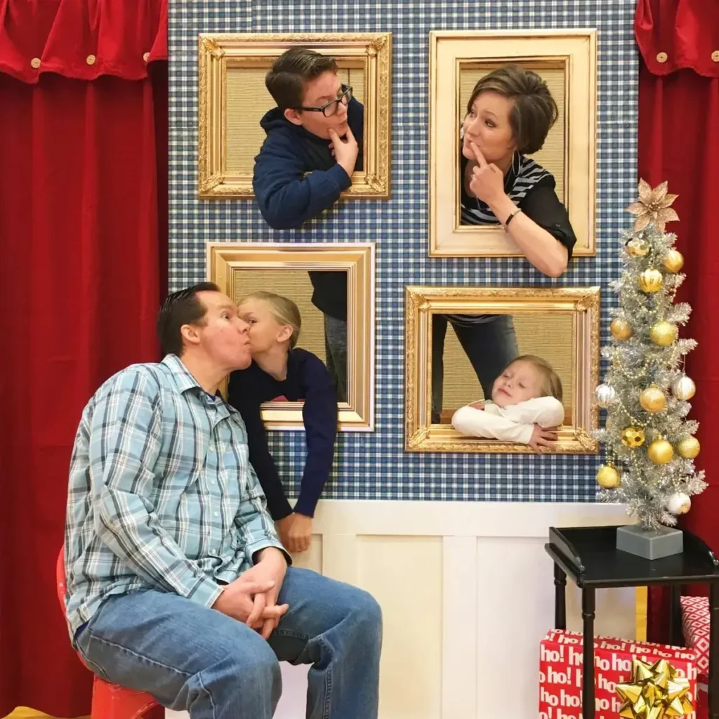 Creative family Christmas photo with four frames showing playful poses against plaid background and festive decorations