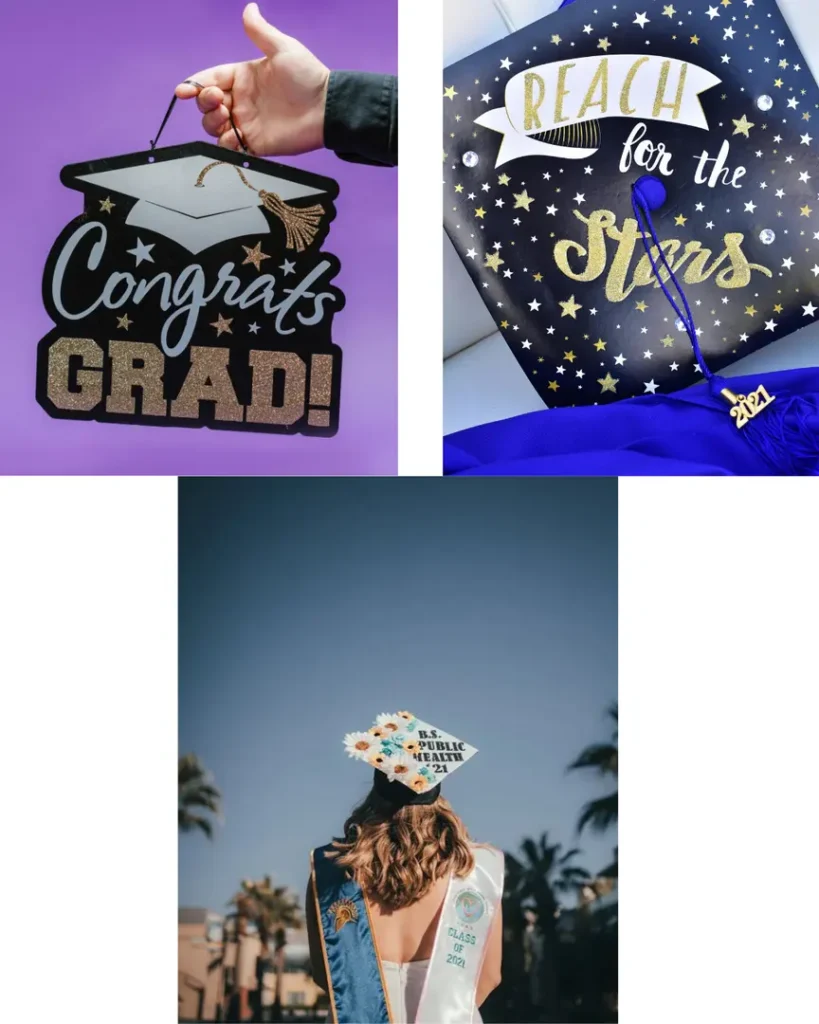 Creative graduation caps with decorative messages like Congrats Grad and Reach for the Stars.