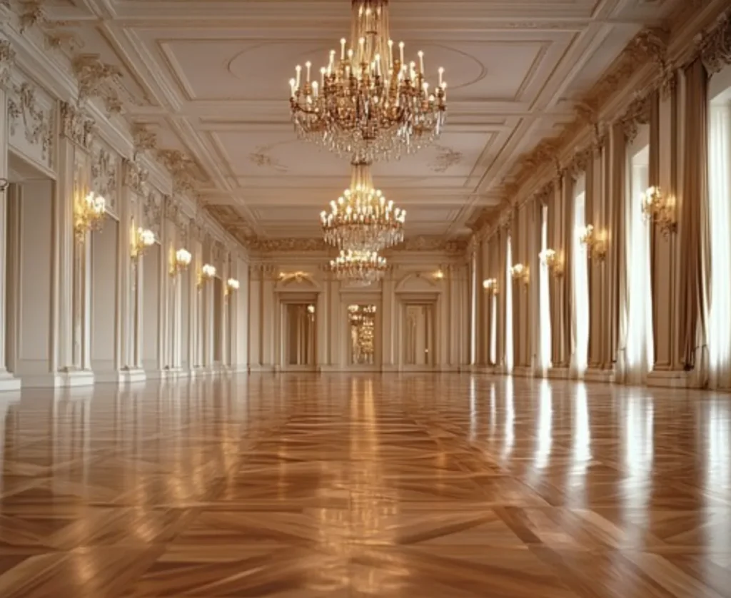 Grand ballroom with chandeliers for a wedding.