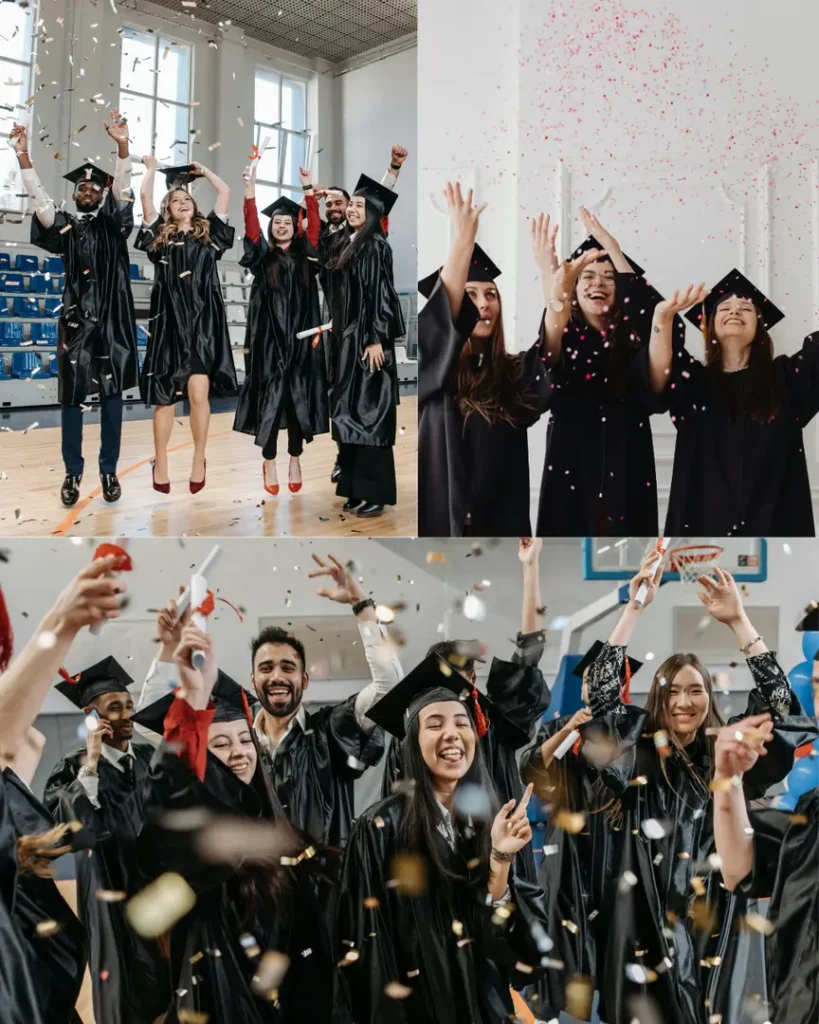 Group graduation photo idea with students celebrating and throwing confetti in a joyous atmosphere.