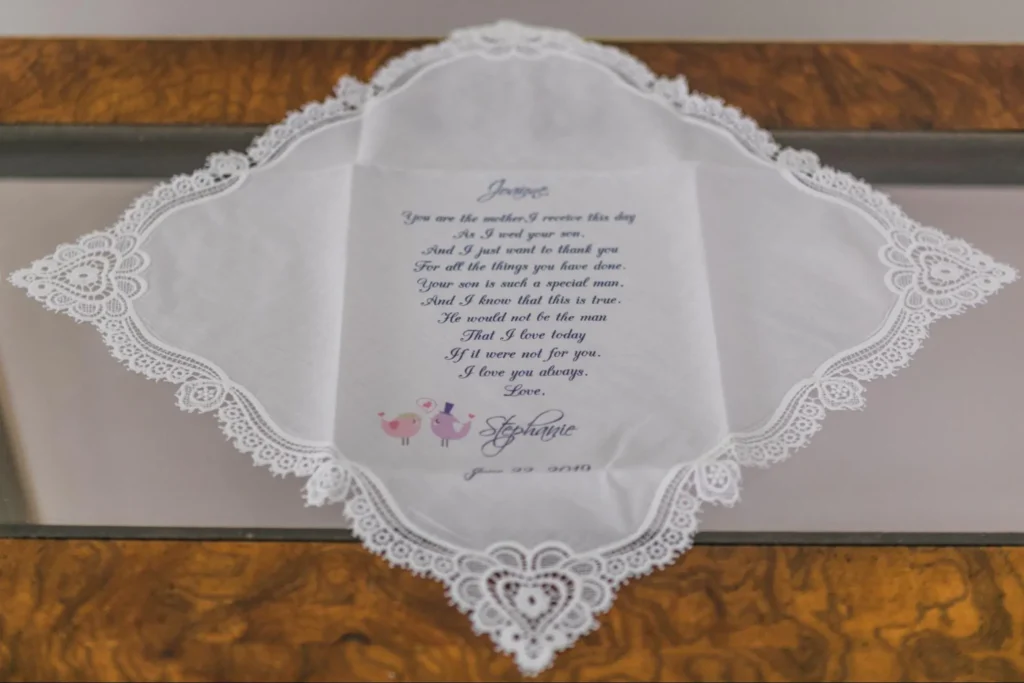 Handkerchief with heartfelt message to groom's mom.