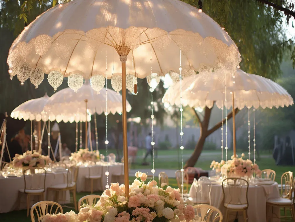 Outdoor wedding with umbrellas and lights.