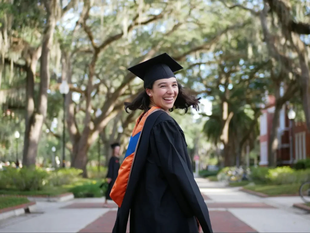 Smiling graduate walking outdoors in a cap and gown with scenic trees in the background.