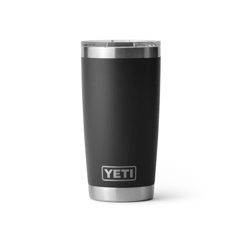 Black YETI insulated tumbler with stainless steel rim, popular premium drinkware raffle prize