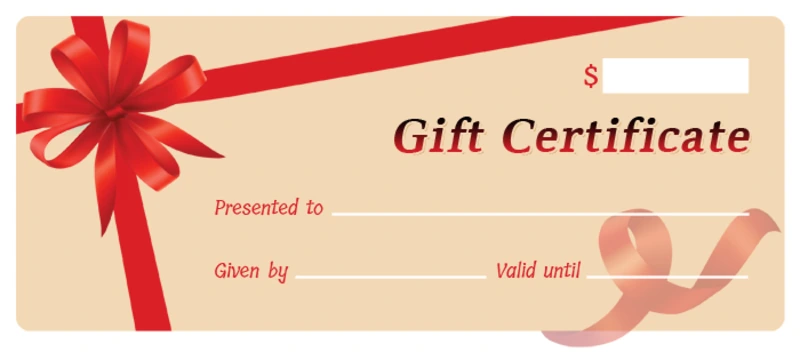 Blank gift certificate template with red bow design and fill-in fields for recipient, amount, and expiration date