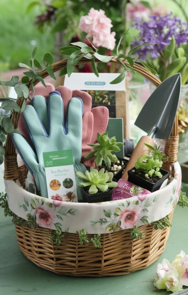 Garden lover's gift basket with succulents, floral-trimmed wicker basket, mint gardening gloves, and planting tools