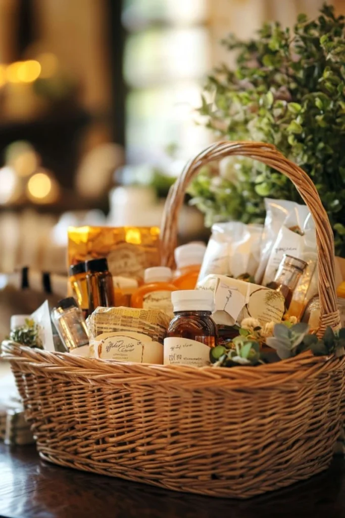 Luxurious self-care gift basket with assorted wellness products and essential oils in a woven wicker basket