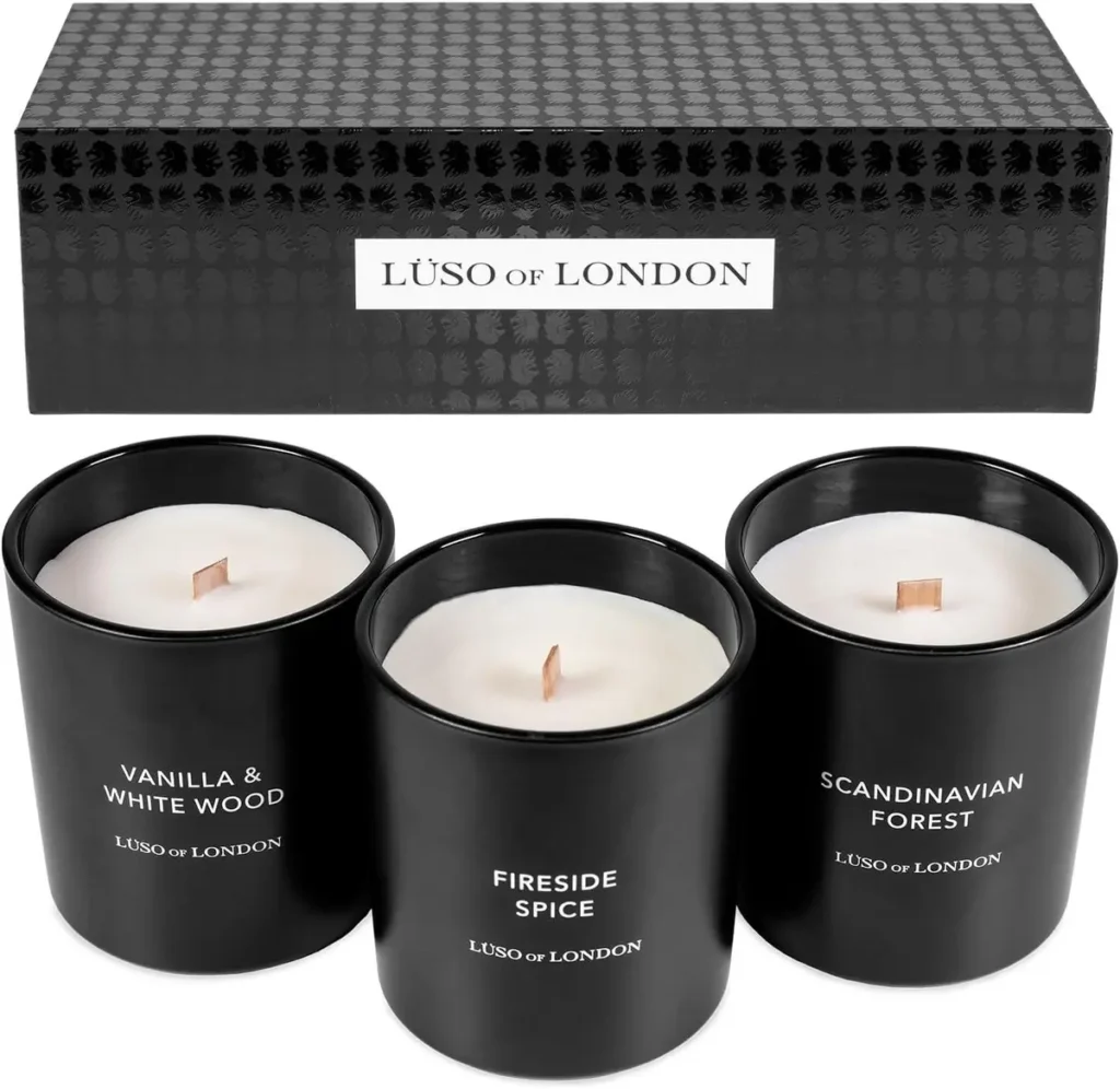 Luxury scented candle gift set from Luso of London featuring three premium fragrances in black containers