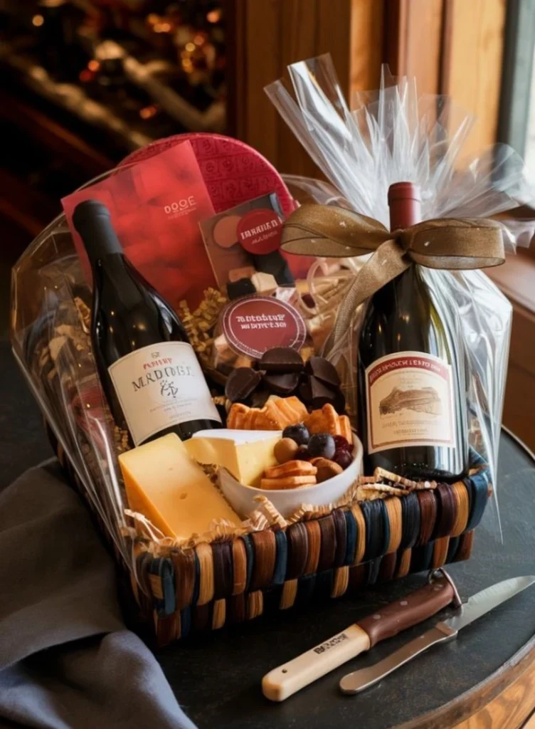 Luxury wine and cheese gift basket featuring two wine bottles, artisanal cheeses, chocolates, and nuts in a woven basket