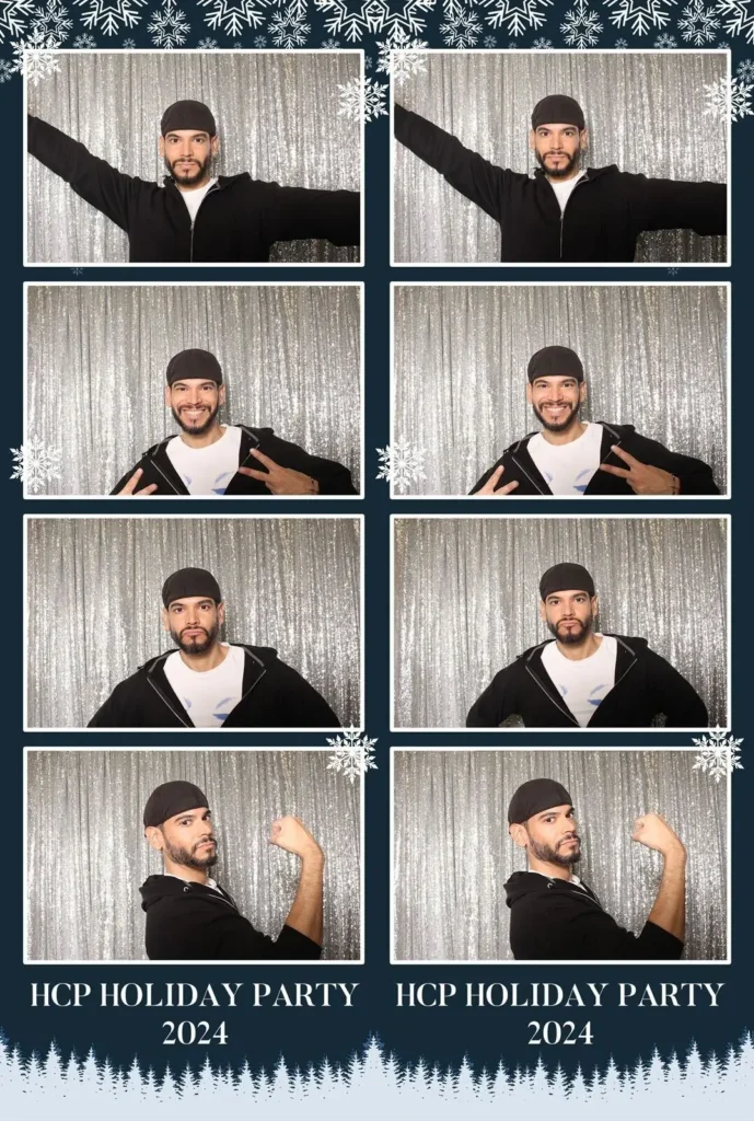 Photo-strip-sequence-showing-man-in-black-hoodie-striking-different-poses-against-silver-backdrop-at-HCP-Holiday-Party