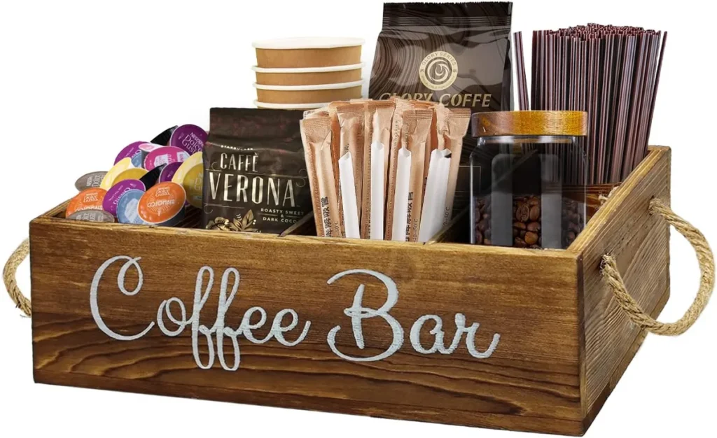 Rustic wooden coffee bar organizer filled with coffee pods, cups, and supplies - perfect for office raffle prize