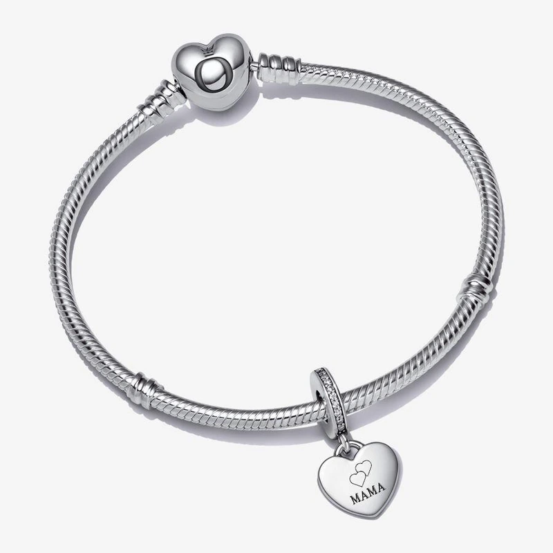 Silver charm bracelet with heart-shaped clasp and 'MAMA' heart pendant, elegant jewelry raffle prize