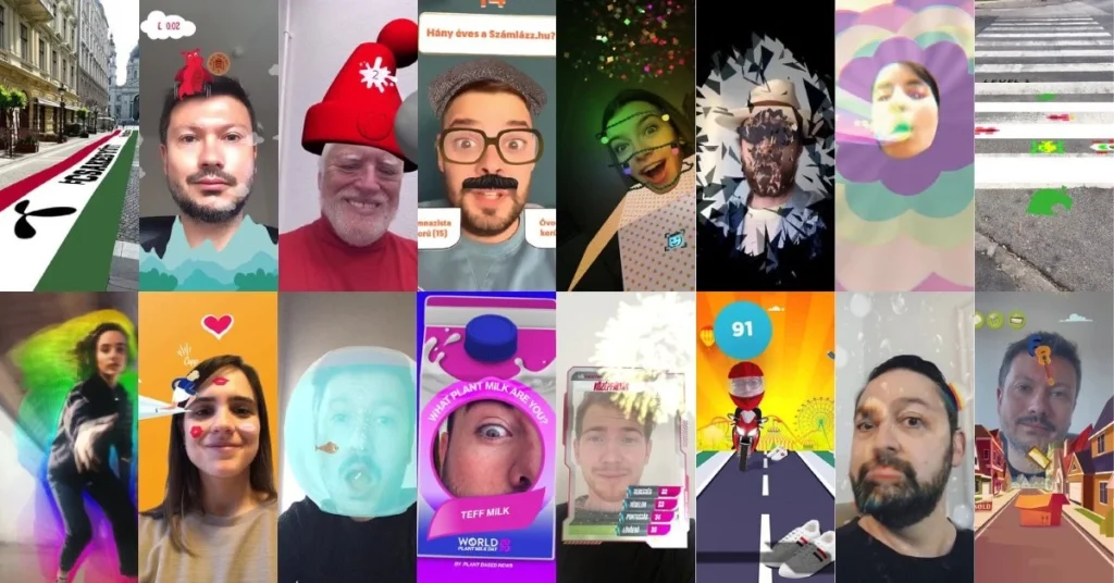 Collage of branded AR filters and digital effects showing diverse users engaging with playful face filters and virtual environments