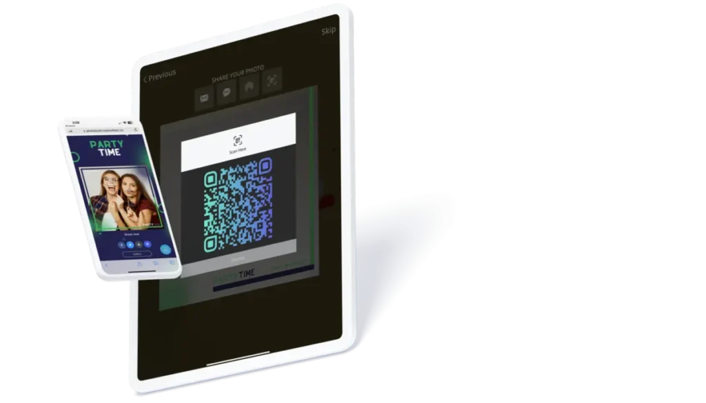 Digital photo sharing kiosk displaying a QR code for guests to scan, with a smartphone showing a 'PARTY TIME' interface with event photos