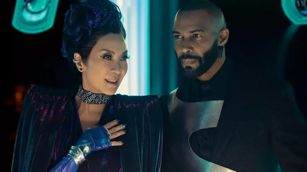 Elegantly dressed performers in futuristic sci-fi costumes, showcasing high-end theatrical entertainment for corporate events