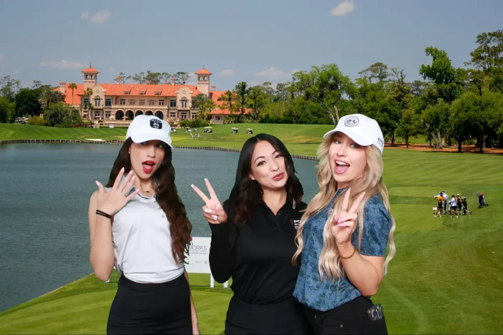Three women posing with peace signs at a golf course green screen photo booth with clubhouse background