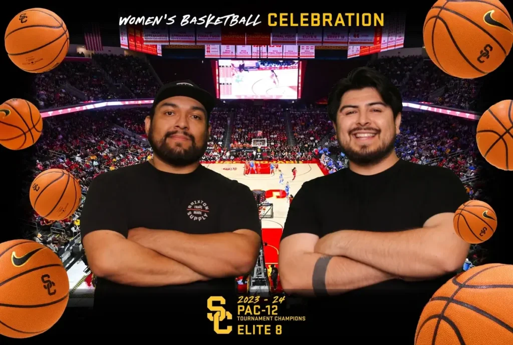 Two men posing at Women's Basketball Celebration event with USC PAC-12 tournament champions backdrop