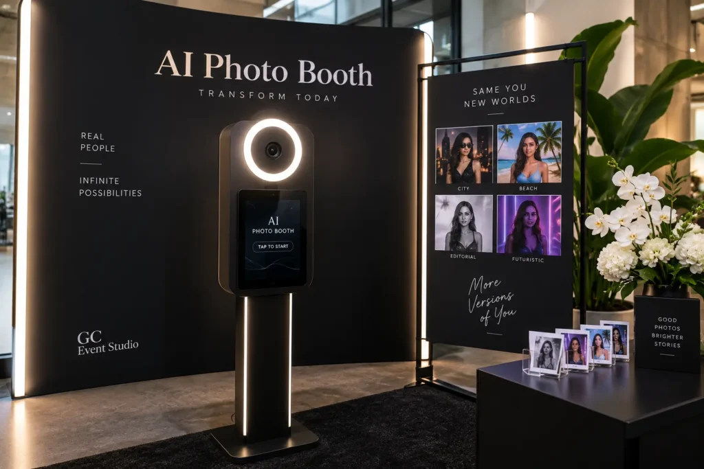 AI photo booth setup by GC Event Studio featuring a modern touchscreen booth and AI-generated photo transformations for events.